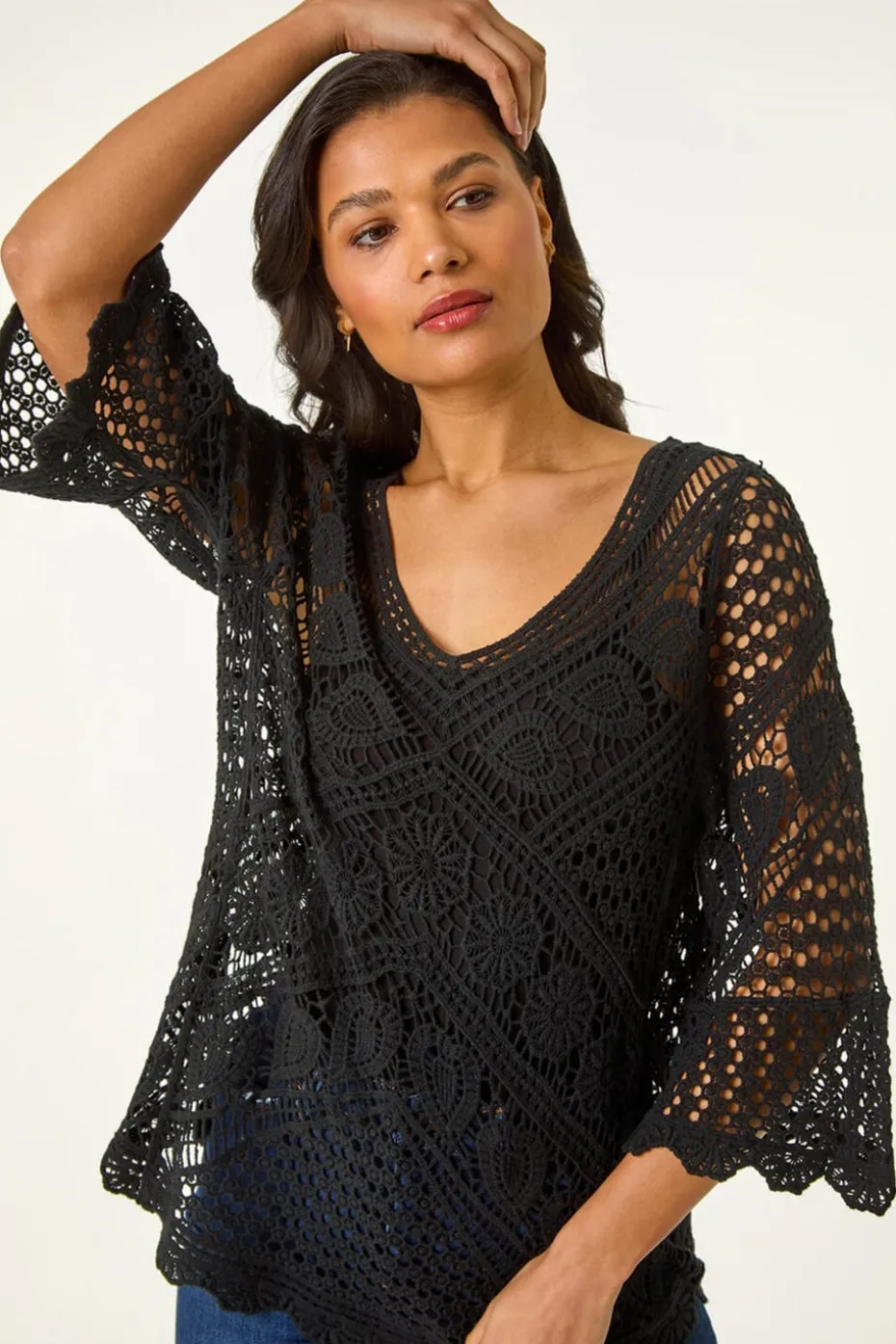 Roman Black Crochet Lace V-Neck Open Knit