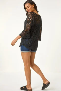 Roman Black Crochet Lace V-Neck Open Knit