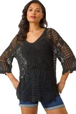 Roman Black Crochet Lace V-Neck Open Knit