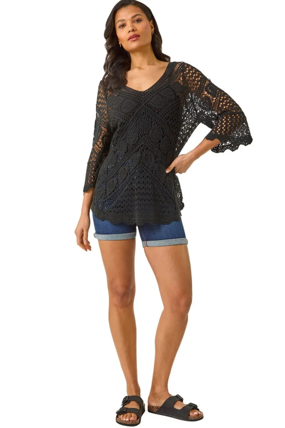 Roman Black Crochet Lace V-Neck Open Knit
