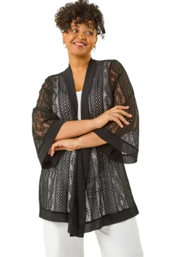 Roman Black Curve Crochet Knit Cardigan