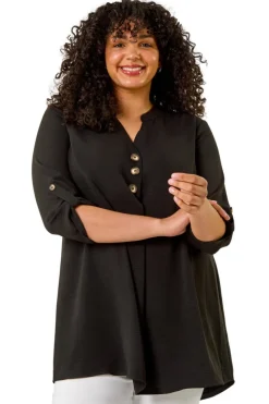 Roman Black Curve Textured Buttoned Tunic Top