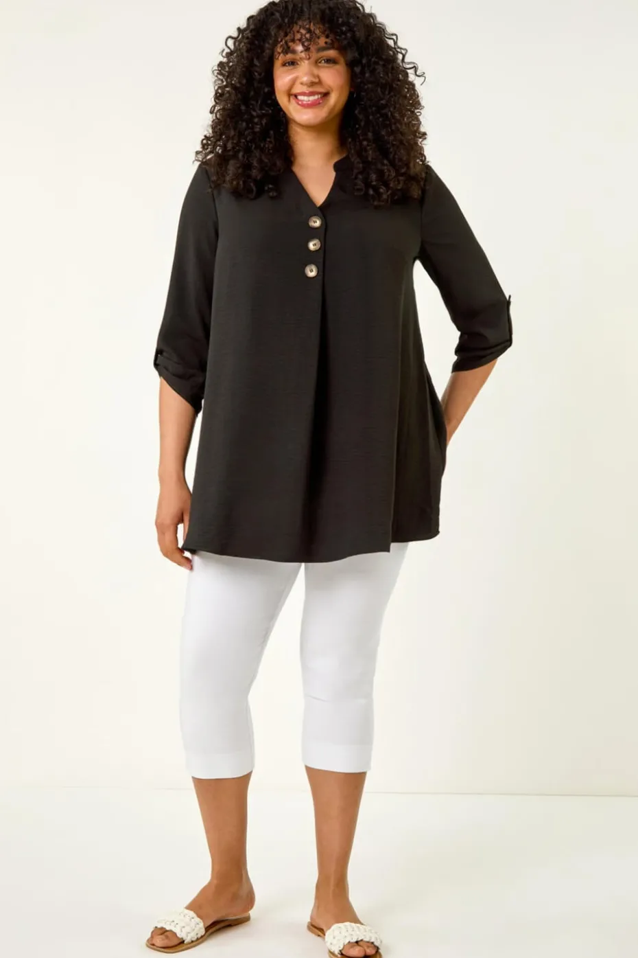 Roman Black Curve Textured Buttoned Tunic Top