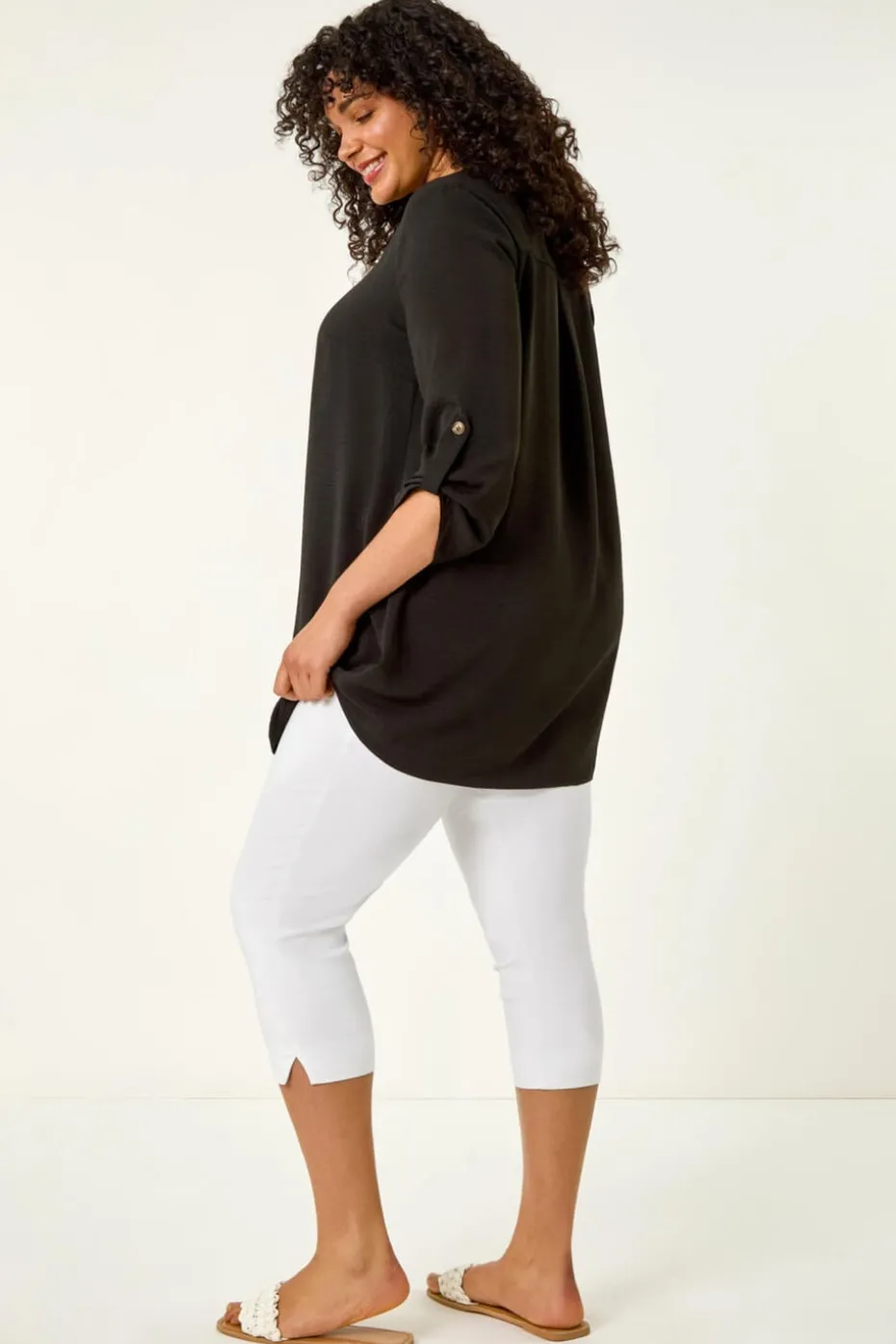Roman Black Curve Textured Buttoned Tunic Top
