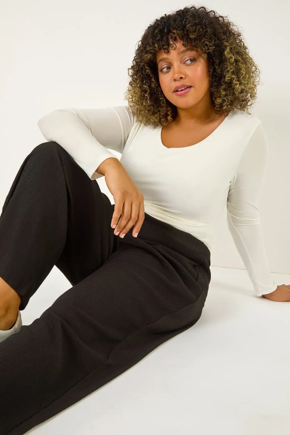 Roman Black Curve Textured Elastic Waist Wide Leg Trouser