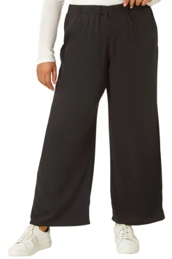 Roman Black Curve Textured Elastic Waist Wide Leg Trouser