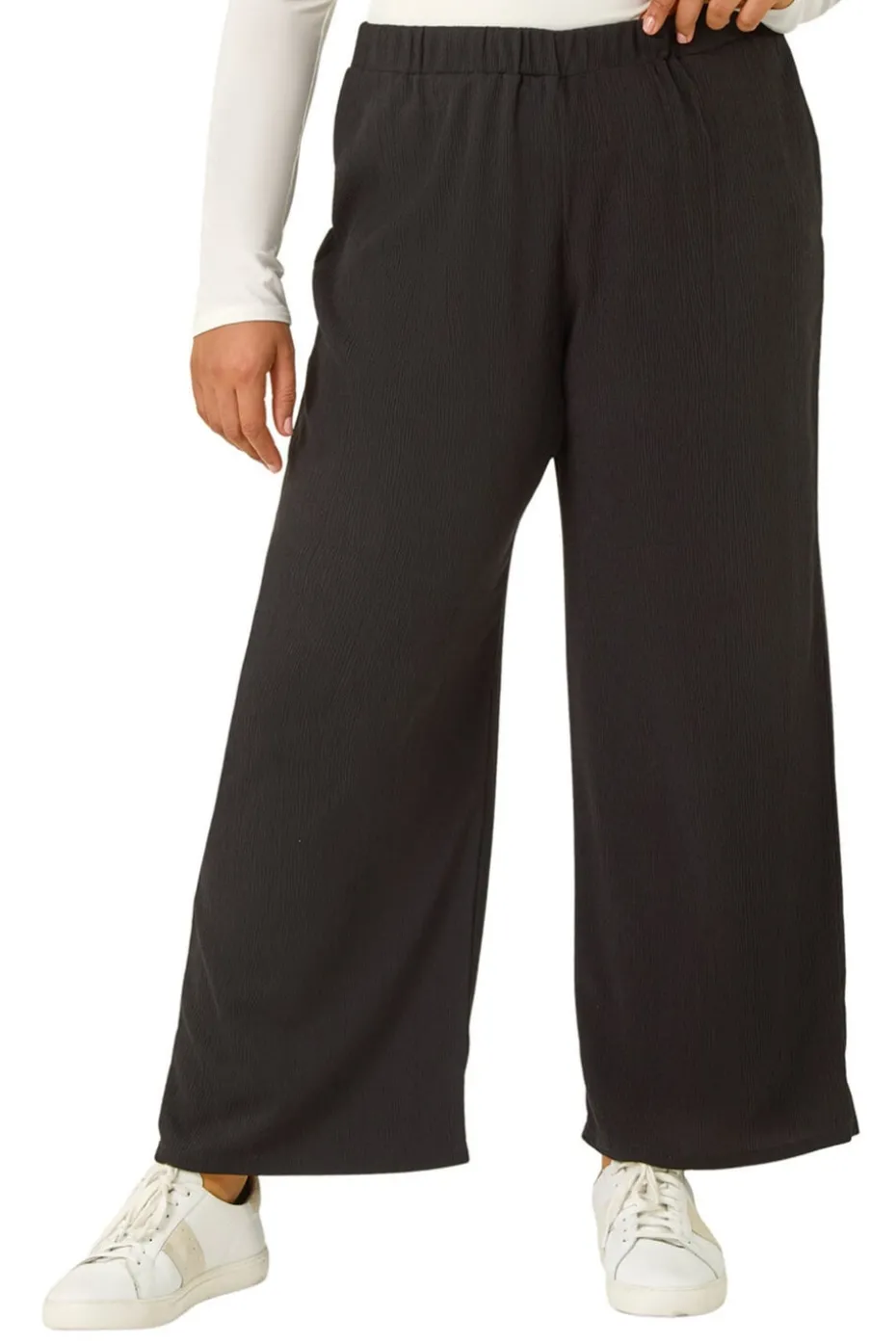Roman Black Curve Textured Elastic Waist Wide Leg Trouser