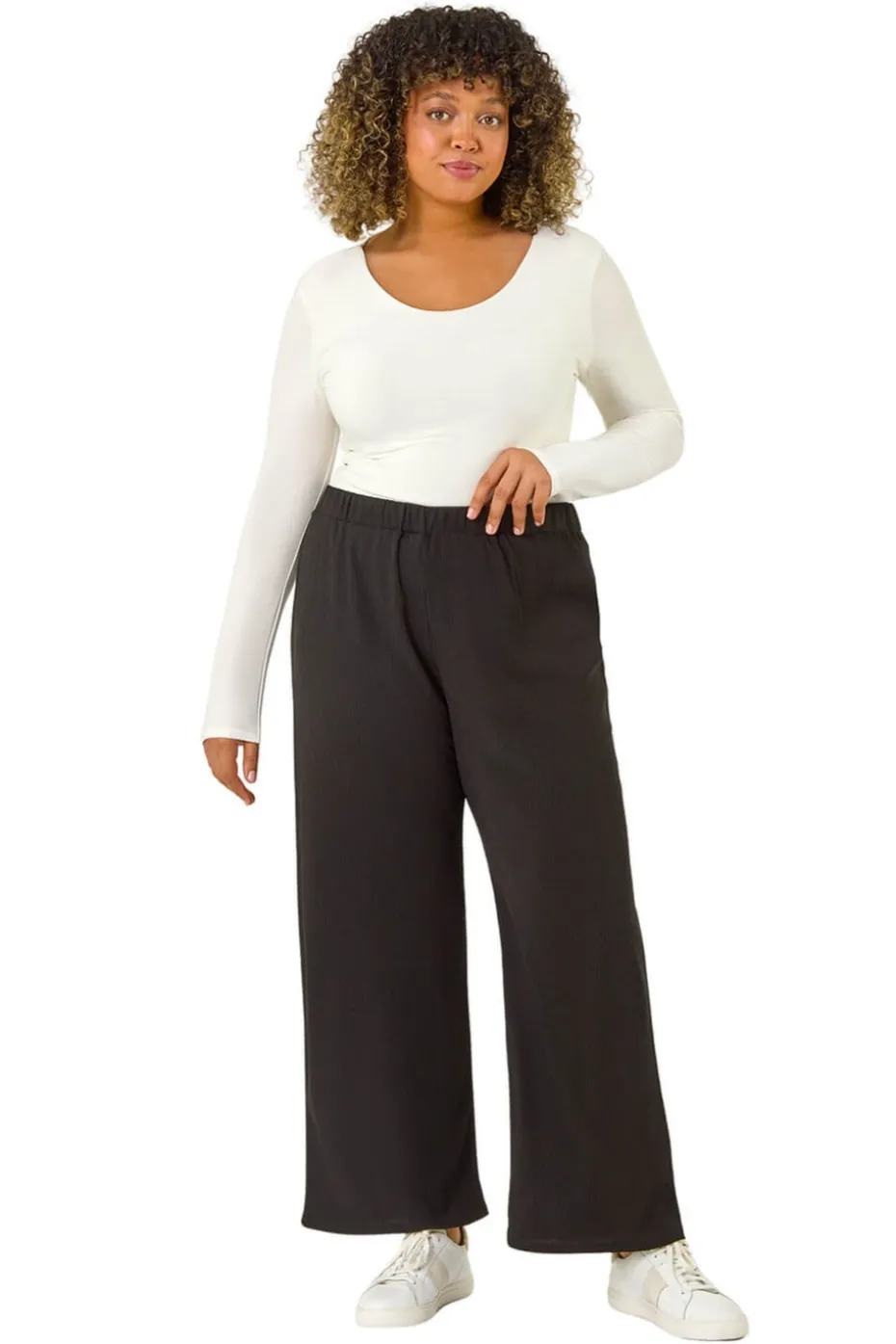 Roman Black Curve Textured Elastic Waist Wide Leg Trouser