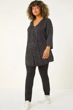 Roman Black Curve V-Neck Spot Print Tunic
