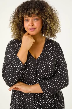 Roman Black Curve V-Neck Spot Print Tunic