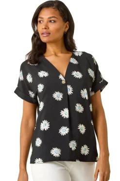 Roman Black Daisy Print Pleat Front Top