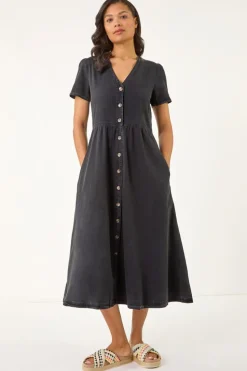 Roman Black Denim Button Through Midi Dress