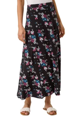 Roman Black Diagonal Ditsy Floral Print Skirt