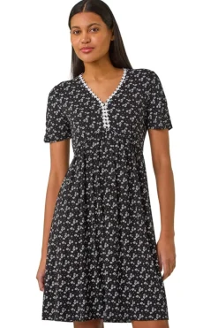 Roman Black Ditsy Floral Print Trim Dress