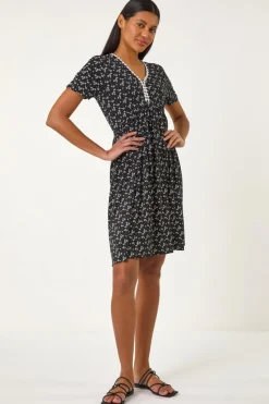 Roman Black Ditsy Floral Print Trim Dress