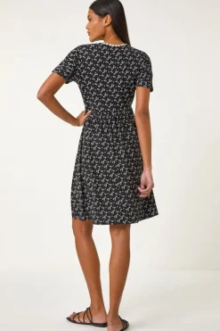 Roman Black Ditsy Floral Print Trim Dress