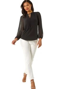 Roman Black Dobby Spot Tie Neck Mesh Top