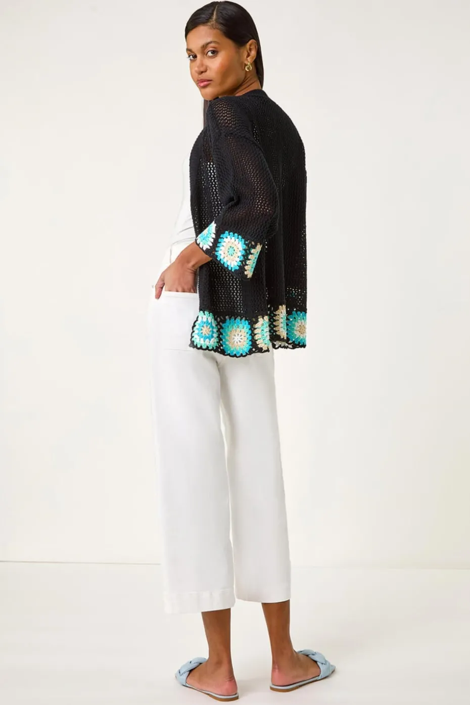 Roman Black Edge Crochet Hem Knit Cardigan