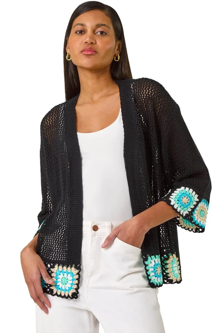 Roman Black Edge Crochet Hem Knit Cardigan