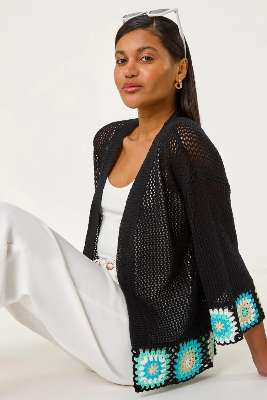 Roman Black Edge Crochet Hem Knit Cardigan