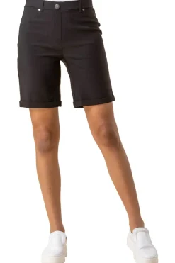 Roman Black Elastic Waist Turn Up Stretch Shorts