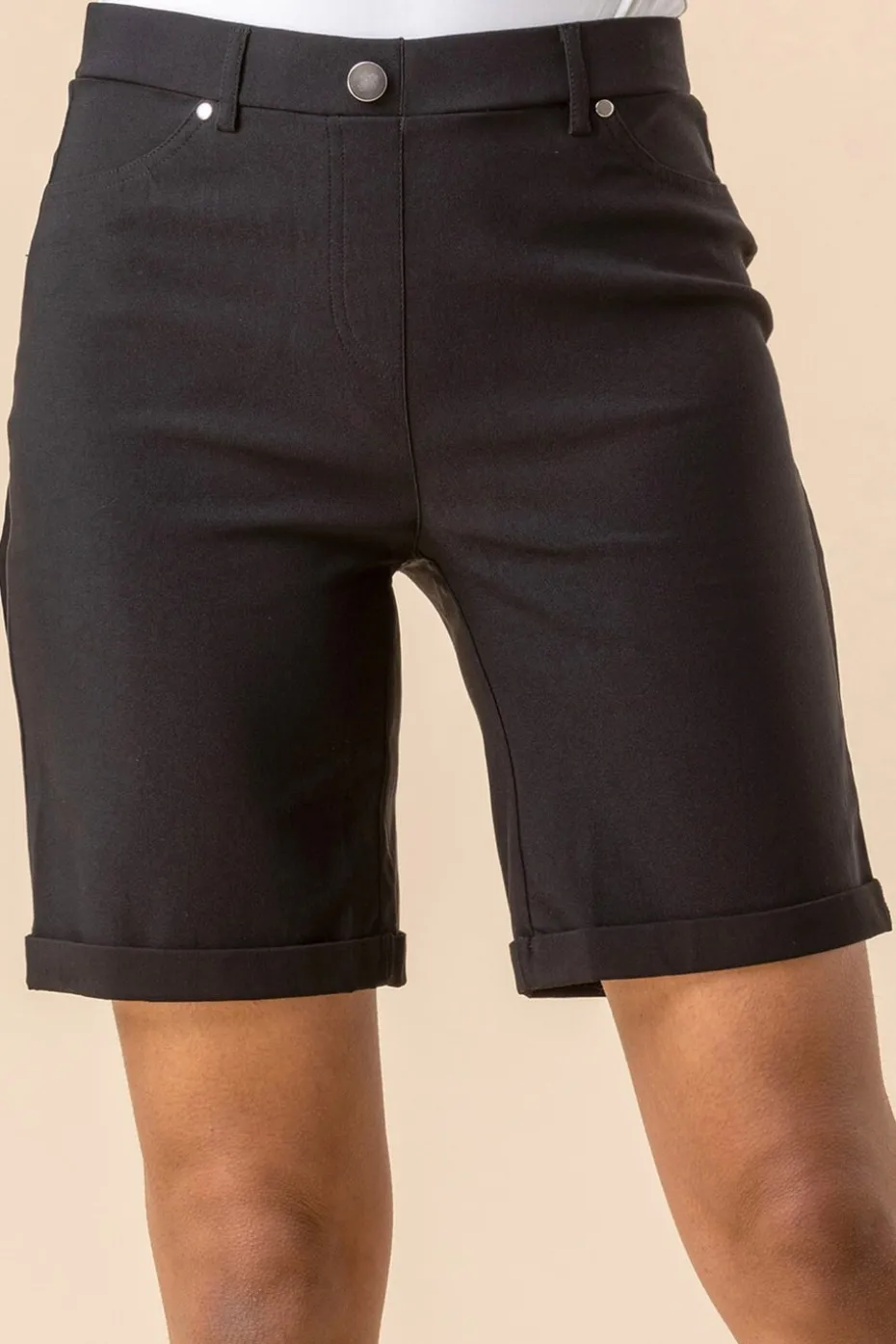 Roman Black Elastic Waist Turn Up Stretch Shorts