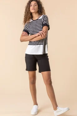 Roman Black Elastic Waist Turn Up Stretch Shorts