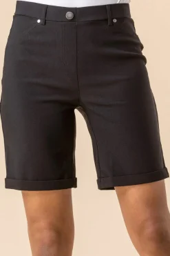 Roman Black Elastic Waist Turn Up Stretch Shorts