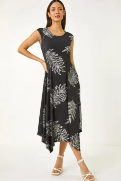Roman Black Floral Hanky Hem Maxi Dress