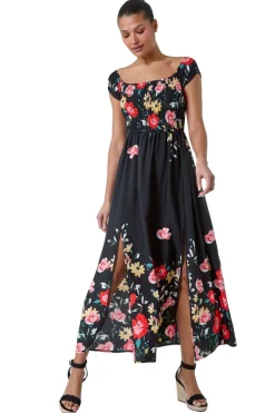 Roman Black Floral Shirred Bardot Stretch Maxi Dress