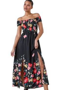 Roman Black Floral Shirred Bardot Stretch Maxi Dress