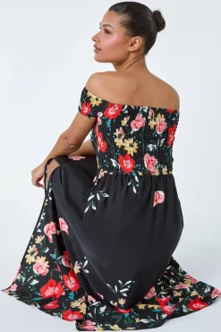Roman Black Floral Shirred Bardot Stretch Maxi Dress