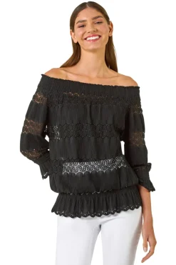 Roman Black Lace Insert Frill Bardot Top