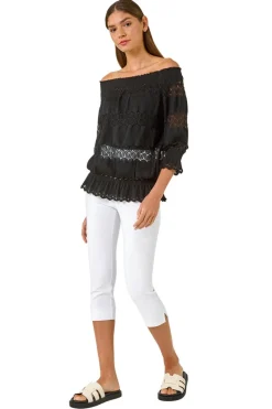Roman Black Lace Insert Frill Bardot Top
