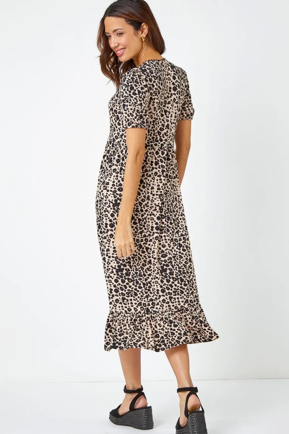 Roman Black Leopard Print Lace Trim Midi Dress