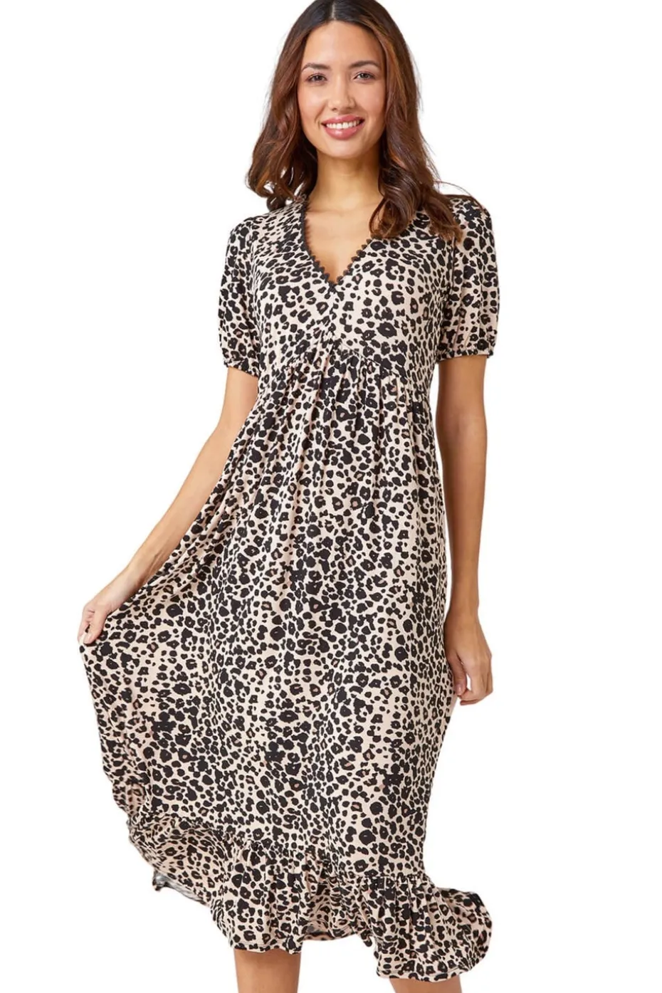 Roman Black Leopard Print Lace Trim Midi Dress