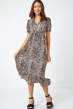 Roman Black Leopard Print Lace Trim Midi Dress