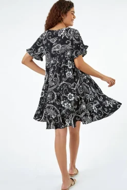 Roman Black  Paisley Floral Tiered Smock Dress