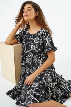 Roman Black  Paisley Floral Tiered Smock Dress