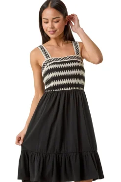 Roman Black Petite Crochet Bodice Strap Dress