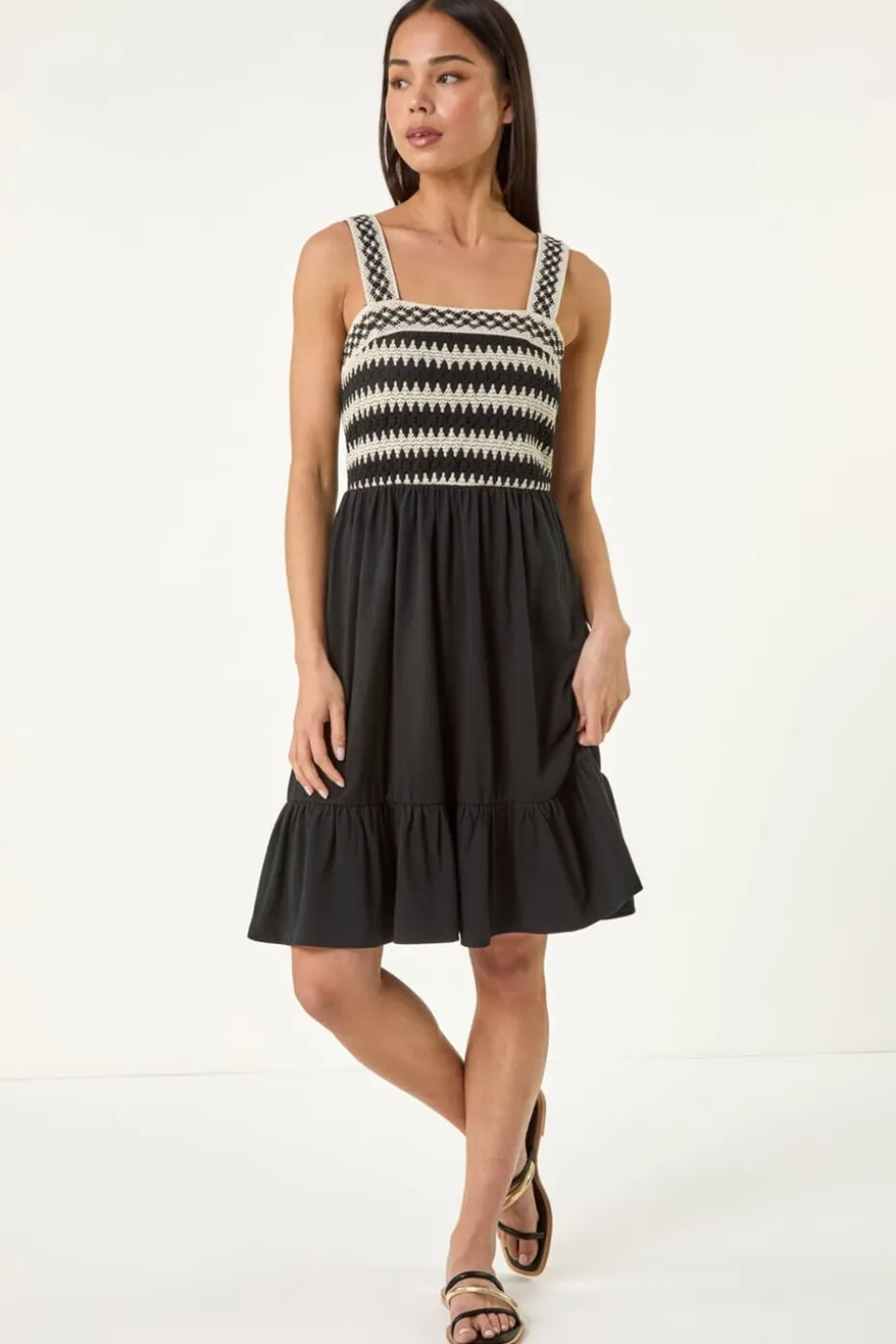 Roman Black Petite Crochet Bodice Strap Dress