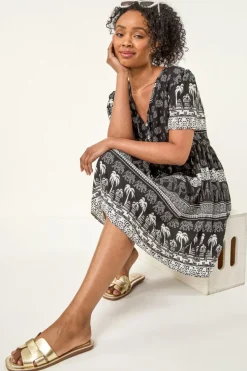 Roman Black Petite Elephant Print Smock Dress