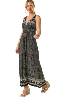 Roman Black Petite Palm Print Border Maxi Dress