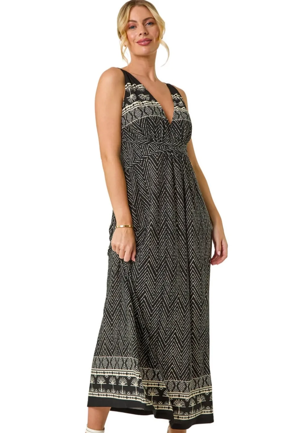 Roman Black Petite Palm Print Border Maxi Dress