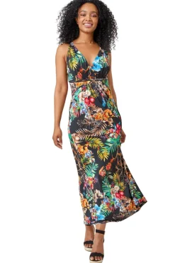 Roman Black Petite Sleeveless Tropical Maxi Stretch Dress