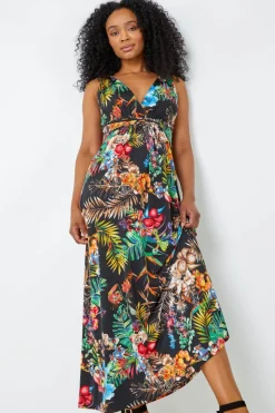 Roman Black Petite Sleeveless Tropical Maxi Stretch Dress