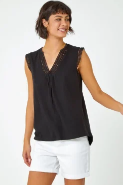 Roman Black Sleeveless Lace Trim Cotton Top