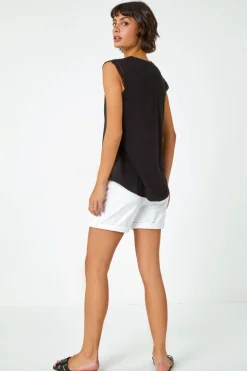 Roman Black Sleeveless Lace Trim Cotton Top
