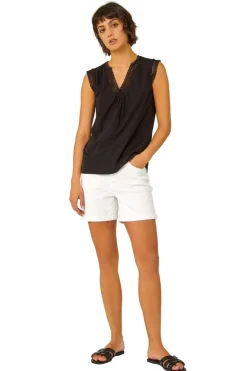 Roman Black Sleeveless Lace Trim Cotton Top