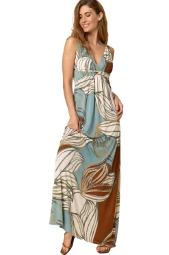 Roman Blue Abstract Leaf Print V Neck Maxi Dress